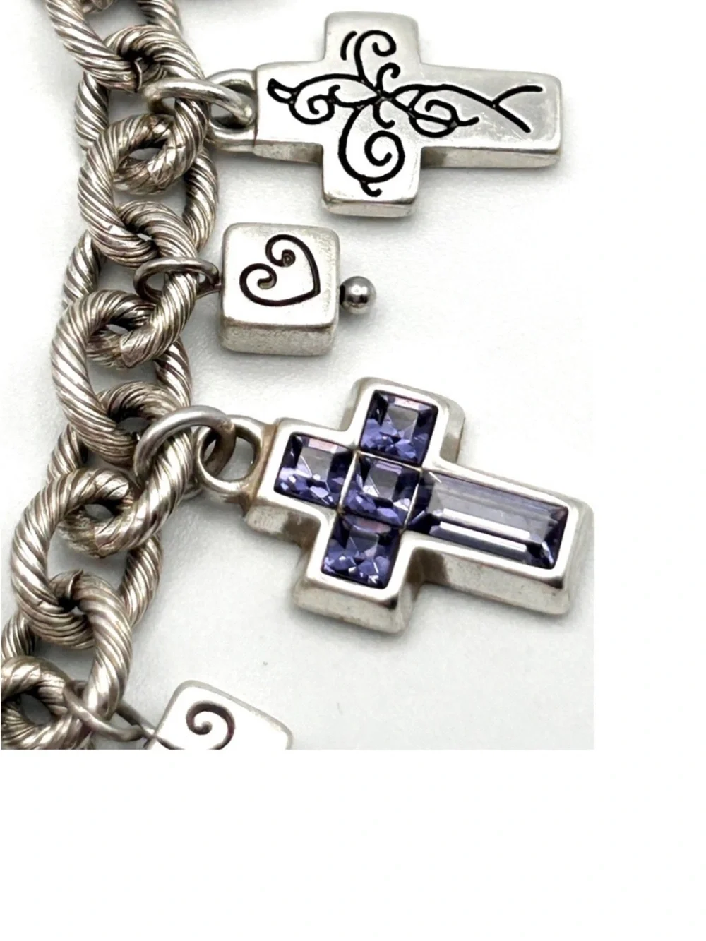 Brighton Purity Silver Tone Cross Bracelet ~Blue, Purple Crystals~ 8